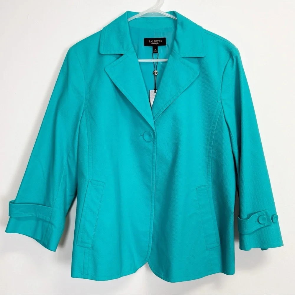 Talbots Blazer Womens 14 Blue Cotton Blend One Button Suit Jacket NWT